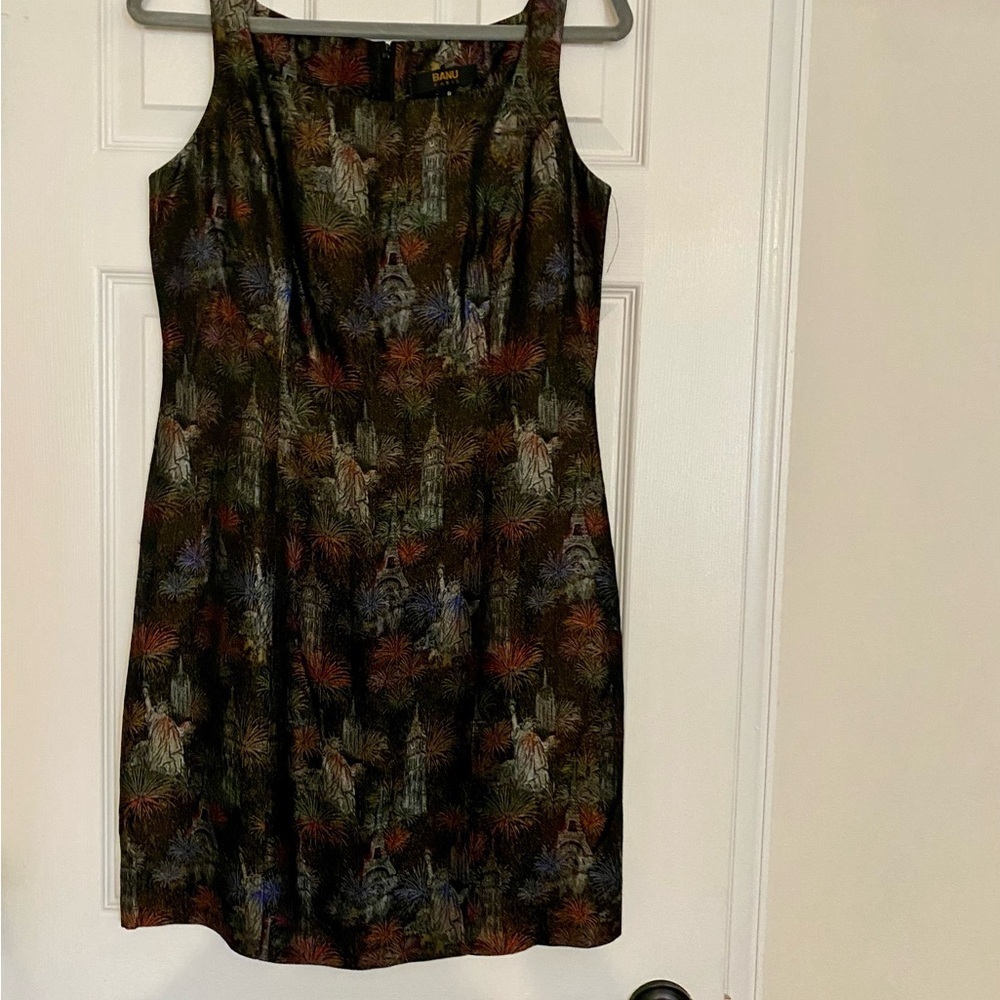 BANU Paris 2 Piece Jacquard Square Neck Dress  Jacket Iconic Landmark Print Sz 8